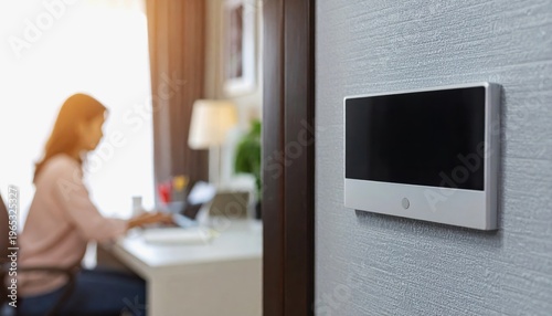 [Hybrid work concept] Home security touchscreen panel on wall with woman working on laptop