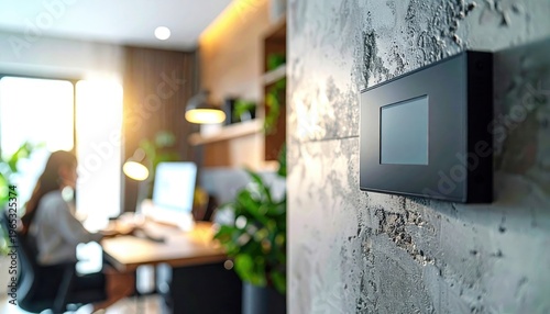 [Hybrid work concept] Modern light switch on textured wall with blurred workspace in background