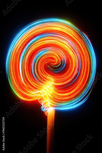 Vibrant swirling light trails in a lollipop shape against a dark background