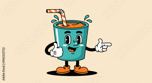 Retro Cartoon Drink Character Pointing and Giving Thumbs Up.