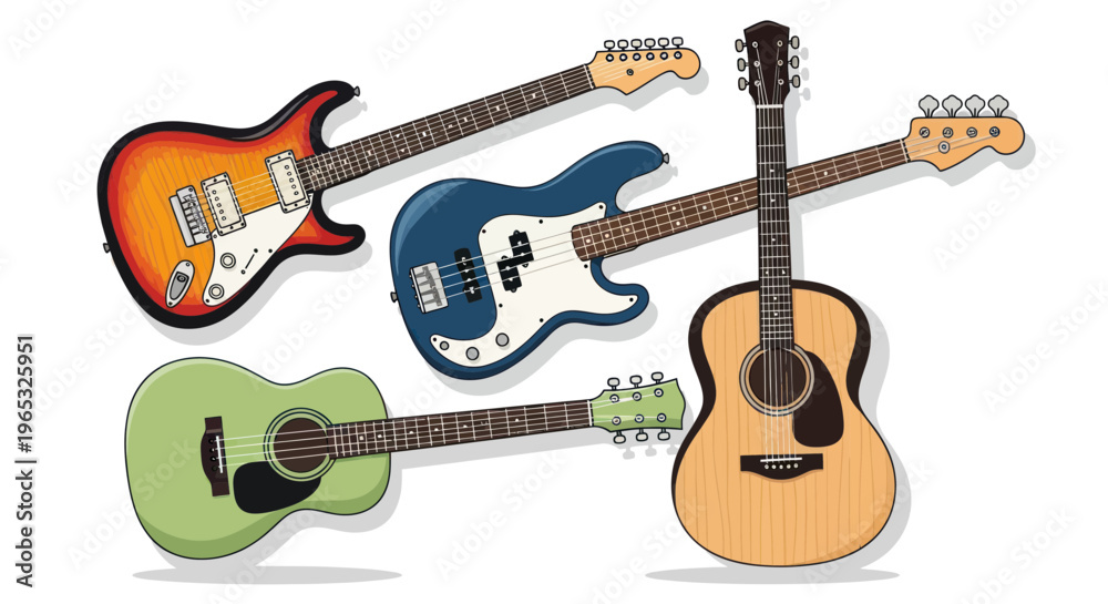 Fototapeta premium Assorted Guitars Collection: Electric, Acoustic, Bass - Music Instruments Variety