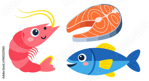 Cute cartoon shrimp, salmon steak, and fish illustration