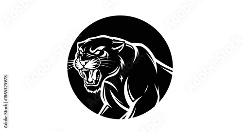 Aggressive Black Panther Roaring in Circular Emblem