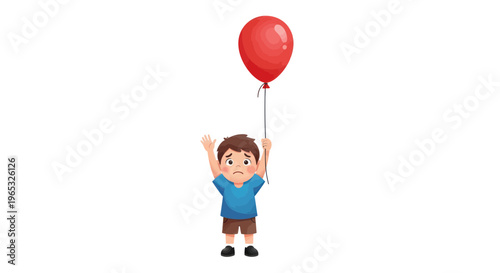 Sad boy holding a red balloon, isolated on white background