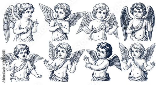 Set of Cute Cherub Angels with Wings, Vintage Style Drawing
