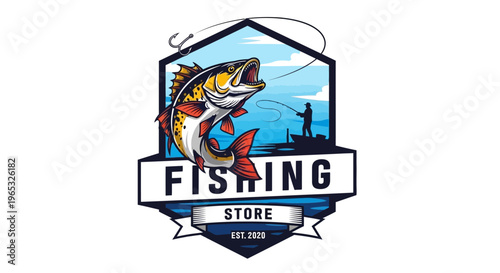Vibrant Fishing Store Logo with Leaping Fish and Angler Silhouette.