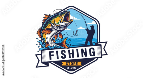 Vibrant Fishing Store Logo with Leaping Fish and Angler.