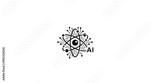 AI Atom Icon with Eye Symbol and Circuits on White Background