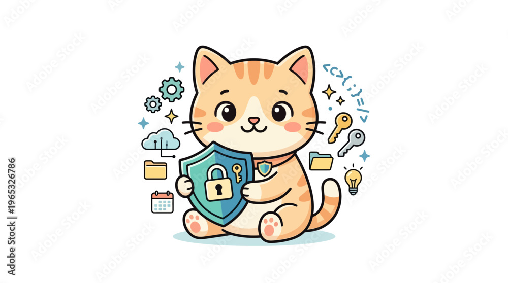 Fototapeta premium Cute Cartoon Cat with Security Shield and Digital Icons