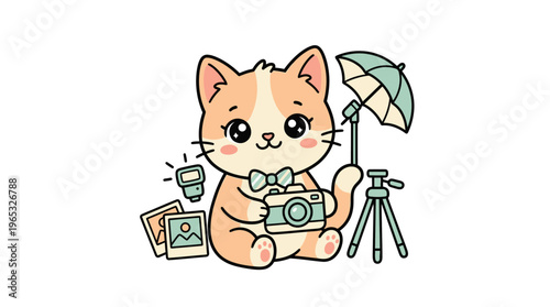Cute Cartoon Cat Photographer with Camera and Accessories
