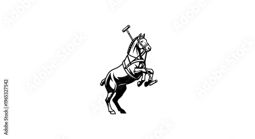 Black and white illustration of a rearing polo horse with mallet