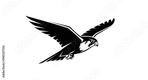 Black and white silhouette of a falcon in flight against a white background