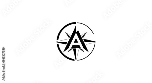 Black Compass Rose with Letter A Symbol, Navigation Star, Abstract Geometric Design