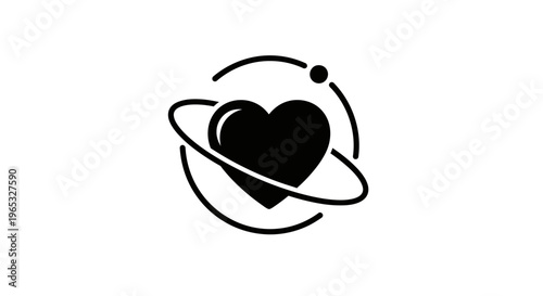 Black heart icon with orbiting rings and a dot on white background, symbolizing love and health.