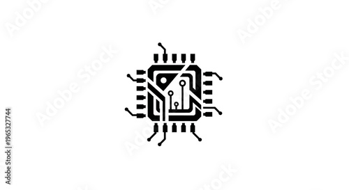 Black microchip icon on white background, circuit board technology symbol