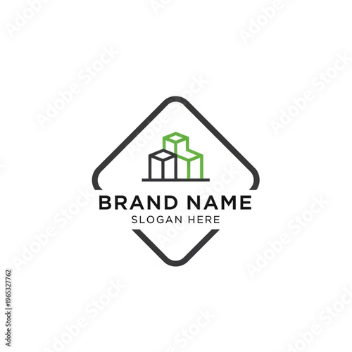 Modern logo design featuring geometric building blocks within a diamond frame.