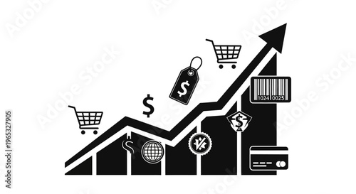 Business Growth Chart with Shopping Icons and Barcode