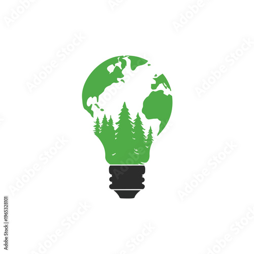 Eco light bulb with earth and forest vector illustration, green energy concept showing sustainability, renewable resources and environmental protection in modern minimal design.