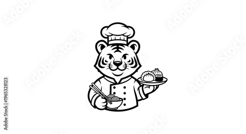Cartoon Tiger Chef Holding Dumplings and Noodles