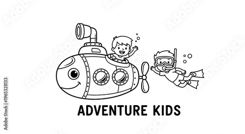 Cartoon Kids Submarine Adventure, Underwater Exploration with Scuba Diver