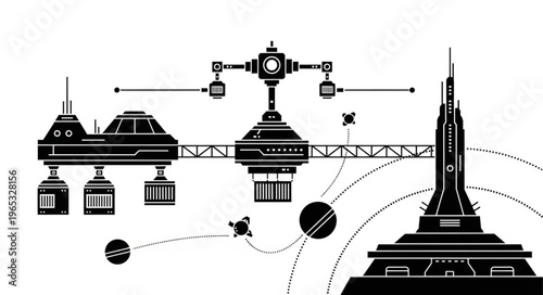 Monochromatic Illustration of a Futuristic Space Station and Rocket Launch Site.