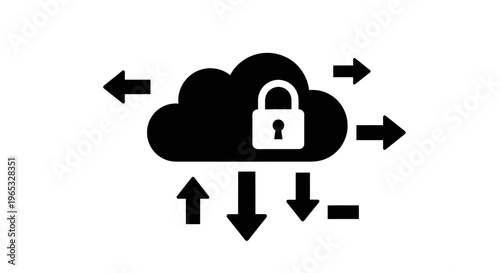 Cloud computing security icon with lock and arrows, data transfer, network