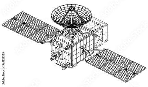 3D Wireframe Communication Satellite Outline with Visible and Hidden Line Layers Vector