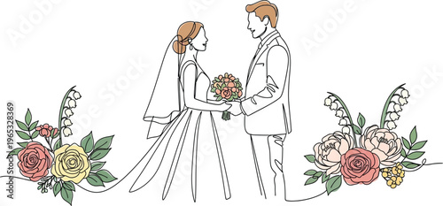 Continuous line drawing illustration of a beautiful wedding couple holding hands, symbolizing love, commitment, and union on their special day.