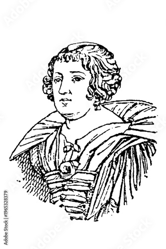 Εκτύπωση καμβά Marie de' Medici, Queen of France and Navarre, historical portrait with ornate embroidered dress, lace ruff, pearl earrings, and elaborate hair, old vintage illustration, 1897