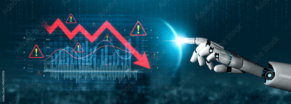 Obraz premium AI visualizes economic caution with smart graphs, alert icons, and data trend analysis, helping businesses respond to financial instability and risk. Artificial intelligence spline