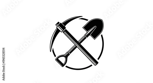 Monochrome depiction of crossed pickaxe and shovel within a circular frame.
