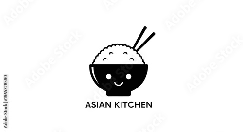 Cute Asian Kitchen Logo with Bowl of Rice and Chopsticks