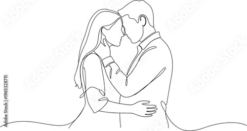 Minimalist continuous line drawing of a romantic couple embracing in a loving and tender moment expressing deep connection.