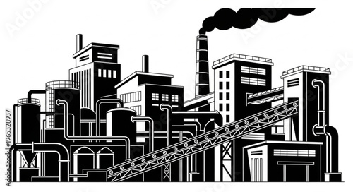 Monochrome Illustration of a Factory Complex with Smokestack Emissions.