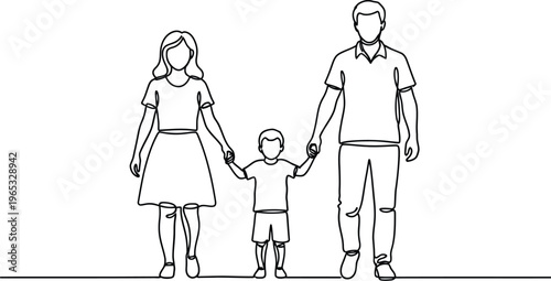 Minimalist continuous line drawing depicts a mother father and small child standing together holding hands securely