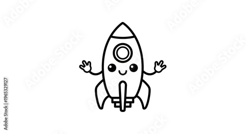 Cute cartoon rocket ship with happy face, waving arms, simple line art