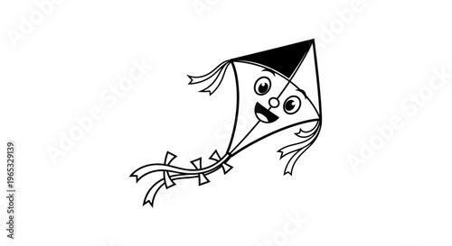 Cute cartoon kite with smiling face, isolated on white background, vector illustration.