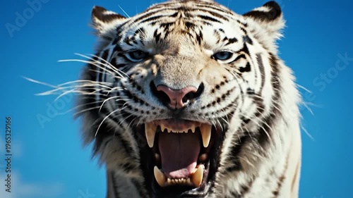 A fierce white tiger with blue eyes roars aggressively against a clear blue sky