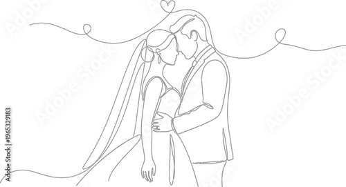 Elegant one line drawing capturing a romantic moment between a bride and groom on their wedding day, symbolizing love and union.