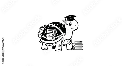 Cute Cartoon Turtle With Backpack and Graduation Cap, Back to School Concept