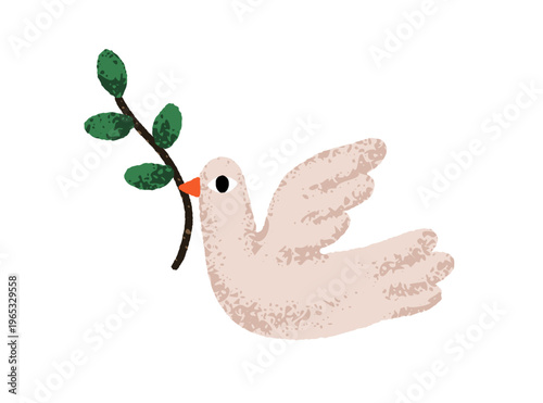 Dove carrying leaf, olive branch in beak. Peace and freedom symbol. Pigeon, free bird flying with plant twig. Hope, reconciliation concept. Flat vector illustration isolated on white background