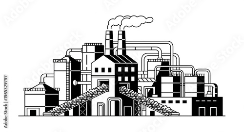 Monochrome Illustration of a Large Industrial Factory with Smoke.
