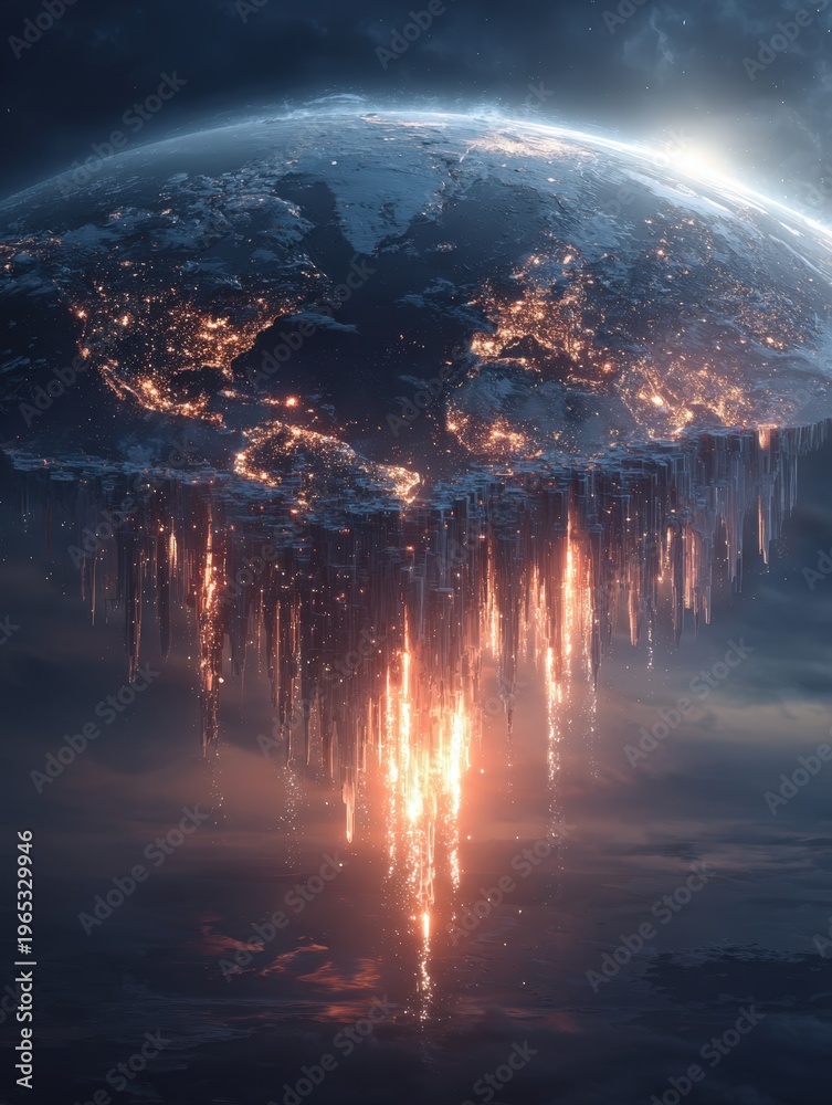 Fototapeta premium Futuristic Earth at night with glowing city lights and fiery streams falling into space, creating a dramatic sci-fi cosmic landscape.