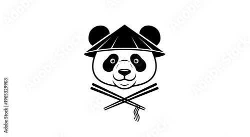 Cute Panda Head Wearing Asian Hat with Crossed Chopsticks and Noodles