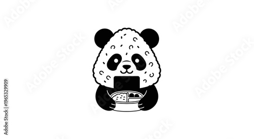 Cute Panda Holding Bento Box, Kawaii Food Illustration, Black and White