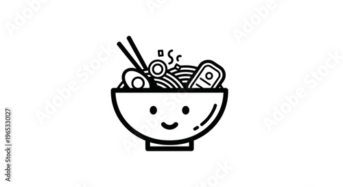 Cute Ramen Bowl Icon with Happy Face and Chopsticks - Vector Art