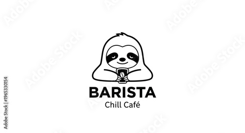 Cute sloth barista logo, holding coffee cup, chill cafe text, black and white illustration