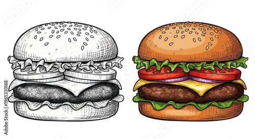 Delicious Burger Illustration - Color and Sketch Styles