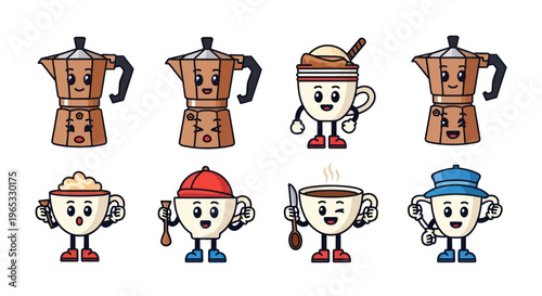 Cute Coffee Characters: Moka Pot, Espresso Cup, Cappuccino with Cartoon Faces