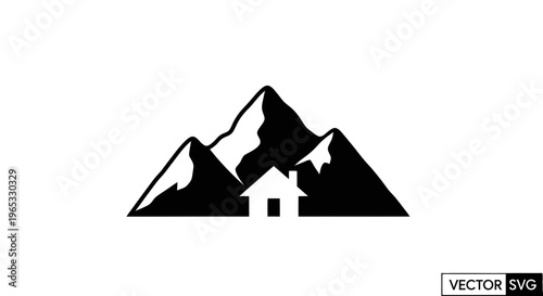 Mountain Home Icon: House nestled against majestic peaks, vector graphic art.